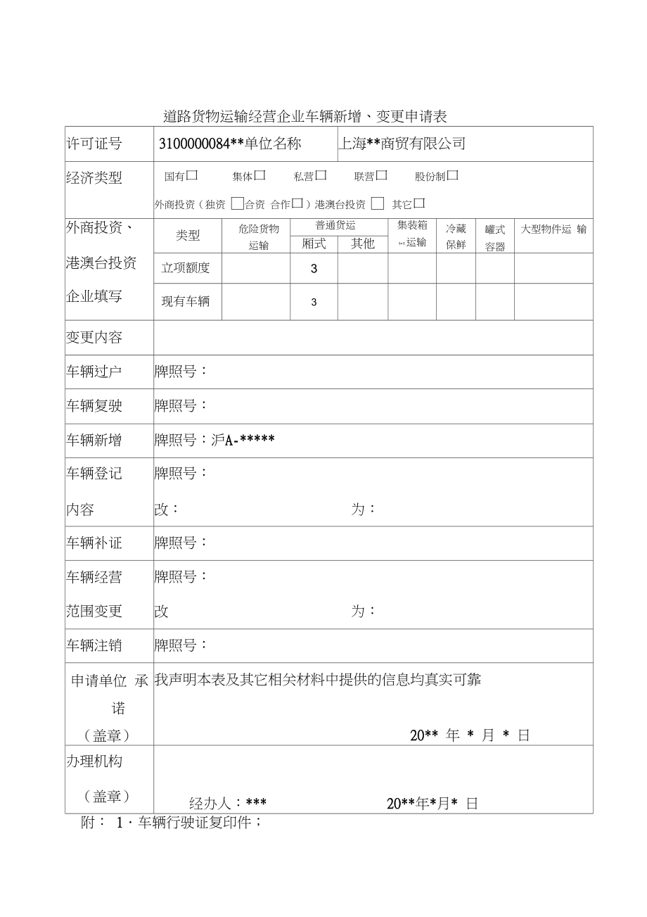 道路货物运输经营企业车辆新增变更申请表